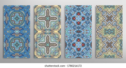 Vertical seamless patterns set, floral geometric texture for Wedding, Valentine's day, greeting card or Birthday Invitation. Decorative colorful doodle backgrounds. Ethnic ornament border pattern