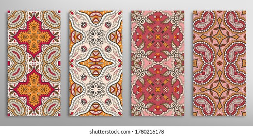 Vertical seamless patterns set, floral geometric texture for Wedding, Valentine's day, greeting card or Birthday Invitation. Decorative colorful doodle backgrounds. Ethnic ornament border pattern