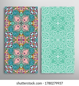 Vertical seamless patterns set, floral geometric lace texture for Wedding, Valentine's day, greeting card or Birthday Invitation. Decorative seamless doodle backgrounds. Ethnic ornament border pattern
