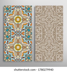 Vertical seamless patterns set, floral geometric lace texture for Wedding, Valentine's day, greeting card or Birthday Invitation. Decorative seamless doodle backgrounds. Ethnic ornament border pattern