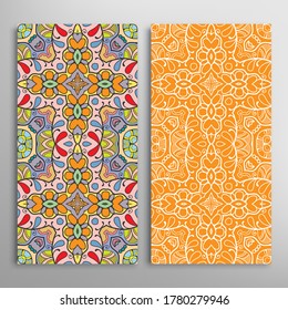 Vertical seamless patterns set, floral geometric lace texture for Wedding, Valentine's day, greeting card or Birthday Invitation. Decorative seamless doodle backgrounds. Ethnic ornament border pattern