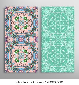 Vertical seamless patterns set, floral geometric lace texture for Wedding, Valentine's day, greeting card or Birthday Invitation. Decorative seamless doodle backgrounds. Ethnic ornament border pattern