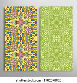 Vertical seamless patterns set, floral geometric lace texture for Wedding, Valentine's day, greeting card or Birthday Invitation. Decorative seamless doodle backgrounds. Ethnic ornament border pattern