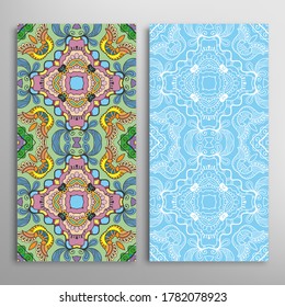 Vertical seamless patterns set, floral geometric lace texture for Wedding, Valentine's day, greeting card or Birthday Invitation. Decorative seamless doodle backgrounds. Ethnic ornament border pattern