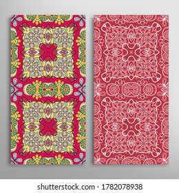 Vertical seamless patterns set, floral geometric lace texture for Wedding, Valentine's day, greeting card or Birthday Invitation. Decorative seamless doodle backgrounds. Ethnic ornament border pattern