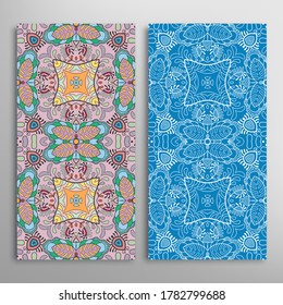 Vertical seamless patterns set, floral geometric lace texture for Wedding, Valentine's day, greeting card or Birthday Invitation. Decorative seamless doodle backgrounds. Ethnic ornament border pattern