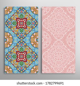 Vertical seamless patterns set, floral geometric lace texture for Wedding, Valentine's day, greeting card or Birthday Invitation. Decorative seamless doodle backgrounds. Ethnic ornament border pattern