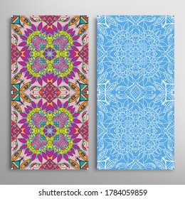 Vertical seamless patterns set, floral geometric lace texture for Wedding, Valentine's day, greeting card or Birthday Invitation. Decorative seamless doodle backgrounds. Ethnic ornament border pattern