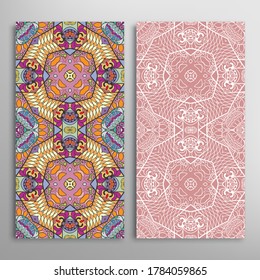 Vertical seamless patterns set, floral geometric lace texture for Wedding, Valentine's day, greeting card or Birthday Invitation. Decorative seamless doodle backgrounds. Ethnic ornament border pattern