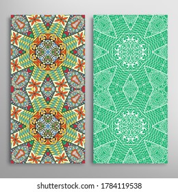 Vertical seamless patterns set, floral geometric lace texture for Wedding, Valentine's day, greeting card or Birthday Invitation. Decorative seamless doodle backgrounds. Ethnic ornament border pattern