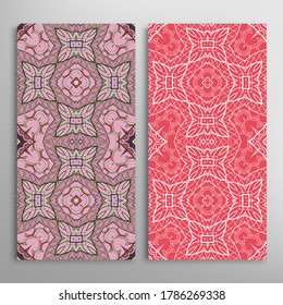 Vertical seamless patterns set, floral geometric lace texture for Wedding, Valentine's day, greeting card or Birthday Invitation. Decorative seamless doodle backgrounds. Ethnic ornament border pattern