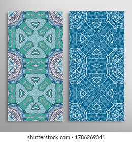 Vertical seamless patterns set, floral geometric lace texture for Wedding, Valentine's day, greeting card or Birthday Invitation. Decorative seamless doodle backgrounds. Ethnic ornament border pattern