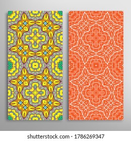 Vertical seamless patterns set, floral geometric lace texture for Wedding, Valentine's day, greeting card or Birthday Invitation. Decorative seamless doodle backgrounds. Ethnic ornament border pattern