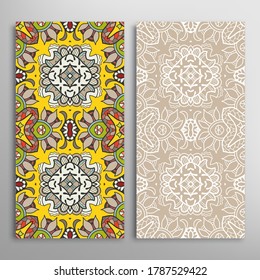 Vertical seamless patterns set, floral geometric lace texture for Wedding, Valentine's day, greeting card or Birthday Invitation. Decorative seamless doodle backgrounds. Ethnic ornament border pattern