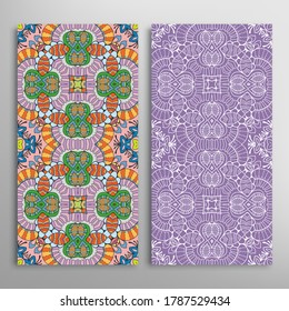 Vertical seamless patterns set, floral geometric lace texture for Wedding, Valentine's day, greeting card or Birthday Invitation. Decorative seamless doodle backgrounds. Ethnic ornament border pattern