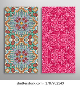 Vertical seamless patterns set, floral geometric lace texture for Wedding, Valentine's day, greeting card or Birthday Invitation. Decorative seamless doodle backgrounds. Ethnic ornament border pattern
