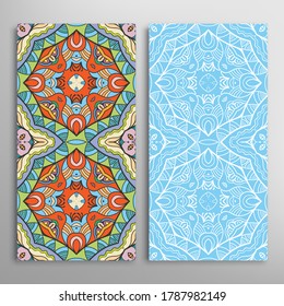 Vertical seamless patterns set, floral geometric lace texture for Wedding, Valentine's day, greeting card or Birthday Invitation. Decorative seamless doodle backgrounds. Ethnic ornament border pattern