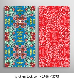 Vertical seamless patterns set, floral geometric lace texture for Wedding, Valentine's day, greeting card or Birthday Invitation. Decorative seamless doodle backgrounds. Ethnic ornament border pattern