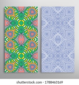 Vertical seamless patterns set, floral geometric lace texture for Wedding, Valentine's day, greeting card or Birthday Invitation. Decorative seamless doodle backgrounds. Ethnic ornament border pattern