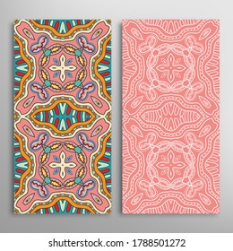 Vertical seamless patterns set, floral geometric lace texture for Wedding, Valentine's day, greeting card or Birthday Invitation. Decorative seamless doodle backgrounds. Ethnic ornament border pattern