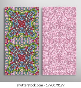 Vertical seamless patterns set, floral geometric lace texture for Wedding, Valentine's day, greeting card or Birthday Invitation. Decorative seamless doodle backgrounds. Ethnic ornament border pattern