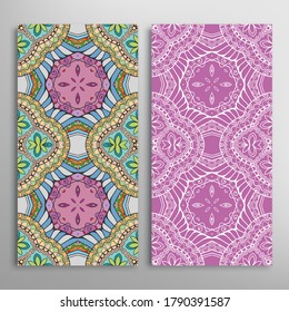 Vertical seamless patterns set, floral geometric lace texture for Wedding, Valentine's day, greeting card or Birthday Invitation. Decorative seamless doodle backgrounds. Ethnic ornament border pattern