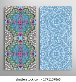 Vertical seamless patterns set, floral geometric lace texture for Wedding, Valentine's day, greeting card or Birthday Invitation. Decorative seamless doodle backgrounds. Ethnic ornament border pattern
