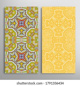 Vertical seamless patterns set, floral geometric lace texture for Wedding, Valentine's day, greeting card or Birthday Invitation. Decorative seamless doodle backgrounds. Ethnic ornament border pattern