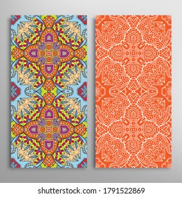Vertical seamless patterns set, floral geometric lace texture for Wedding, Valentine's day, greeting card or Birthday Invitation. Decorative seamless doodle backgrounds. Ethnic ornament border pattern
