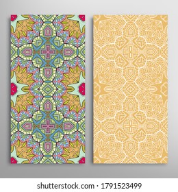 Vertical seamless patterns set, floral geometric lace texture for Wedding, Valentine's day, greeting card or Birthday Invitation. Decorative seamless doodle backgrounds. Ethnic ornament border pattern