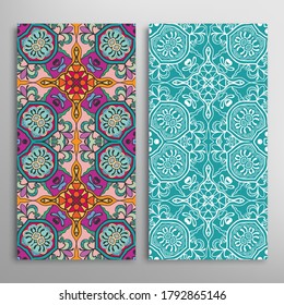 Vertical seamless patterns set, floral geometric lace texture for Wedding, Valentine's day, greeting card or Birthday Invitation. Decorative seamless doodle backgrounds. Ethnic ornament border pattern