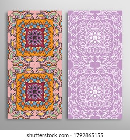 Vertical seamless patterns set, floral geometric lace texture for Wedding, Valentine's day, greeting card or Birthday Invitation. Decorative seamless doodle backgrounds. Ethnic ornament border pattern