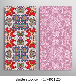 Vertical seamless patterns set, floral geometric lace texture for Wedding, Valentine's day, greeting card or Birthday Invitation. Decorative seamless doodle backgrounds. Ethnic ornament border pattern