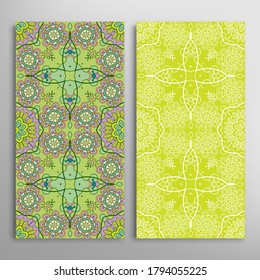 Vertical seamless patterns set, floral geometric lace texture for Wedding, Valentine's day, greeting card or Birthday Invitation. Decorative seamless doodle backgrounds. Ethnic ornament border pattern