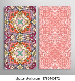 Vertical seamless patterns set, floral geometric lace texture for Wedding, Valentine's day, greeting card or Birthday Invitation. Decorative seamless doodle backgrounds. Ethnic ornament border pattern