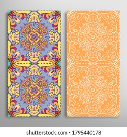 Vertical seamless patterns set, floral geometric lace texture for Wedding, Valentine's day, greeting card or Birthday Invitation. Decorative seamless doodle backgrounds. Ethnic ornament border pattern