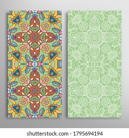 Vertical seamless patterns set, floral geometric lace texture for Wedding, Valentine's day, greeting card or Birthday Invitation. Decorative seamless doodle backgrounds. Ethnic ornament border pattern