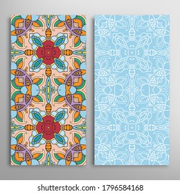 Vertical seamless patterns set, floral geometric lace texture for Wedding, Valentine's day, greeting card or Birthday Invitation. Decorative seamless doodle backgrounds. Ethnic ornament border pattern
