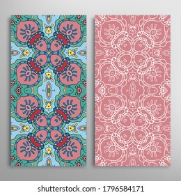 Vertical seamless patterns set, floral geometric lace texture for Wedding, Valentine's day, greeting card or Birthday Invitation. Decorative seamless doodle backgrounds. Ethnic ornament border pattern