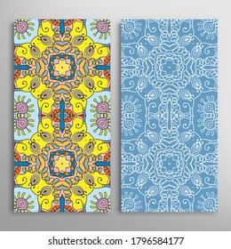 Vertical seamless patterns set, floral geometric lace texture for Wedding, Valentine's day, greeting card or Birthday Invitation. Decorative seamless doodle backgrounds. Ethnic ornament border pattern