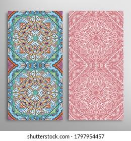 Vertical seamless patterns set, floral geometric lace texture for Wedding, Valentine's day, greeting card or Birthday Invitation. Decorative seamless doodle backgrounds. Ethnic ornament border pattern