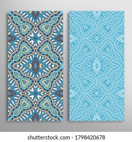 Vertical seamless patterns set, floral geometric lace texture for Wedding, Valentine's day, greeting card or Birthday Invitation. Decorative seamless doodle backgrounds. Ethnic ornament border pattern