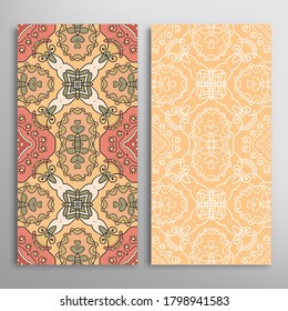 Vertical seamless patterns set, floral geometric lace texture for Wedding, Valentine's day, greeting card or Birthday Invitation. Decorative seamless doodle backgrounds. Ethnic ornament border pattern