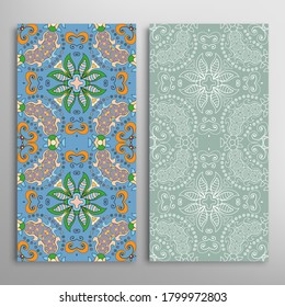 Vertical seamless patterns set, floral geometric lace texture for Wedding, Valentine's day, greeting card or Birthday Invitation. Decorative seamless doodle backgrounds. Ethnic ornament border pattern