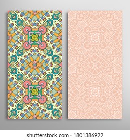 Vertical seamless patterns set, floral geometric lace texture for Wedding, Valentine's day, greeting card or Birthday Invitation. Decorative seamless doodle backgrounds. Ethnic ornament border pattern