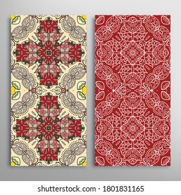 Vertical seamless patterns set, floral geometric lace texture for Wedding, Valentine's day, greeting card or Birthday Invitation. Decorative seamless doodle backgrounds. Ethnic ornament border pattern