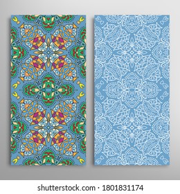 Vertical seamless patterns set, floral geometric lace texture for Wedding, Valentine's day, greeting card or Birthday Invitation. Decorative seamless doodle backgrounds. Ethnic ornament border pattern