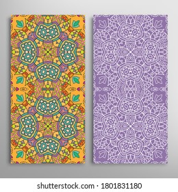 Vertical seamless patterns set, floral geometric lace texture for Wedding, Valentine's day, greeting card or Birthday Invitation. Decorative seamless doodle backgrounds. Ethnic ornament border pattern