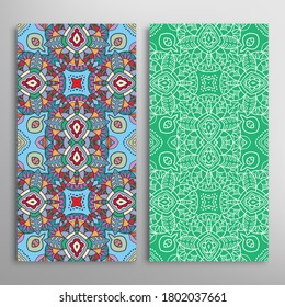 Vertical seamless patterns set, floral geometric lace texture for Wedding, Valentine's day, greeting card or Birthday Invitation. Decorative seamless doodle backgrounds. Ethnic ornament border pattern