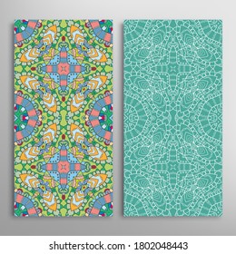 Vertical seamless patterns set, floral geometric lace texture for Wedding, Valentine's day, greeting card or Birthday Invitation. Decorative seamless doodle backgrounds. Ethnic ornament border pattern